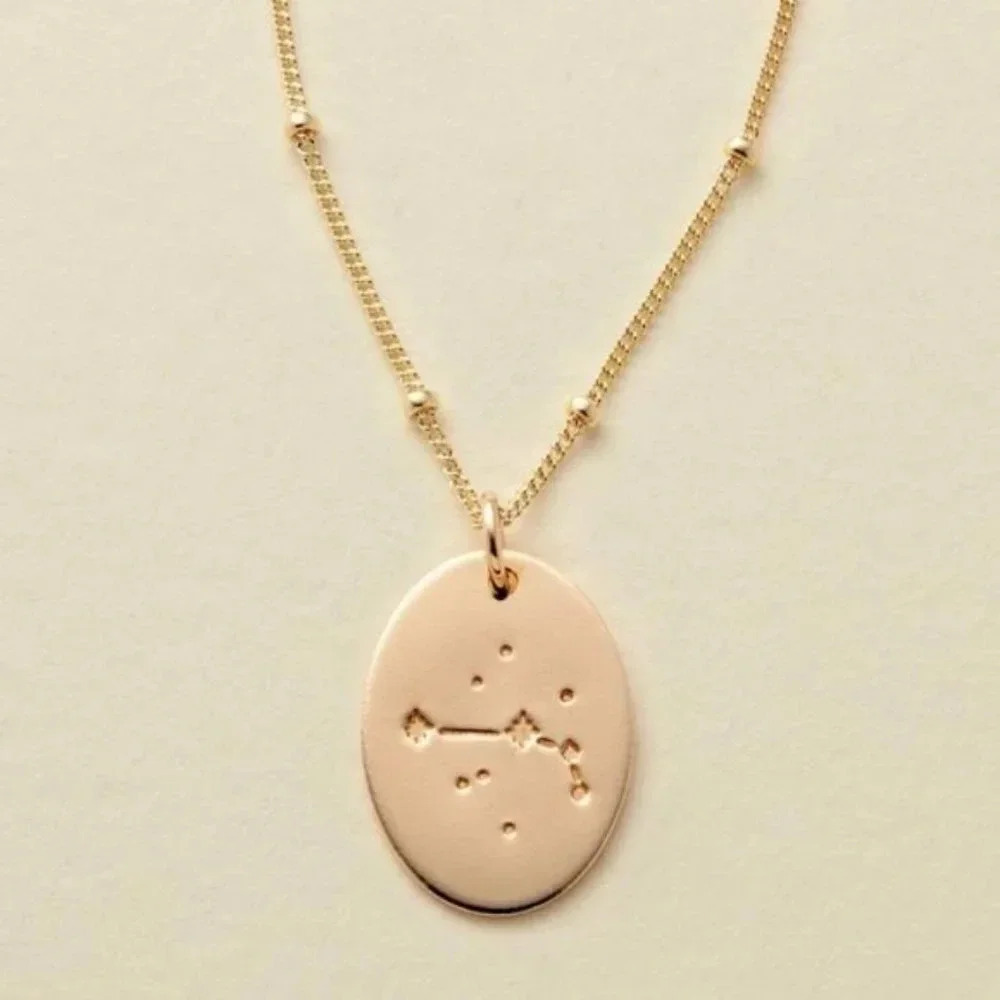 Aries Minimalist Zodiac Charm Oval Disc Necklace